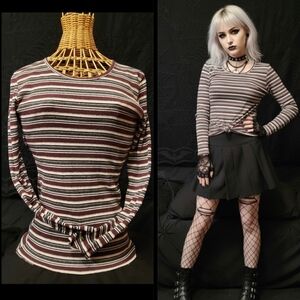 Vtg 90s grunge burgundy gray white ribbed horizontal striped long sleeve top M